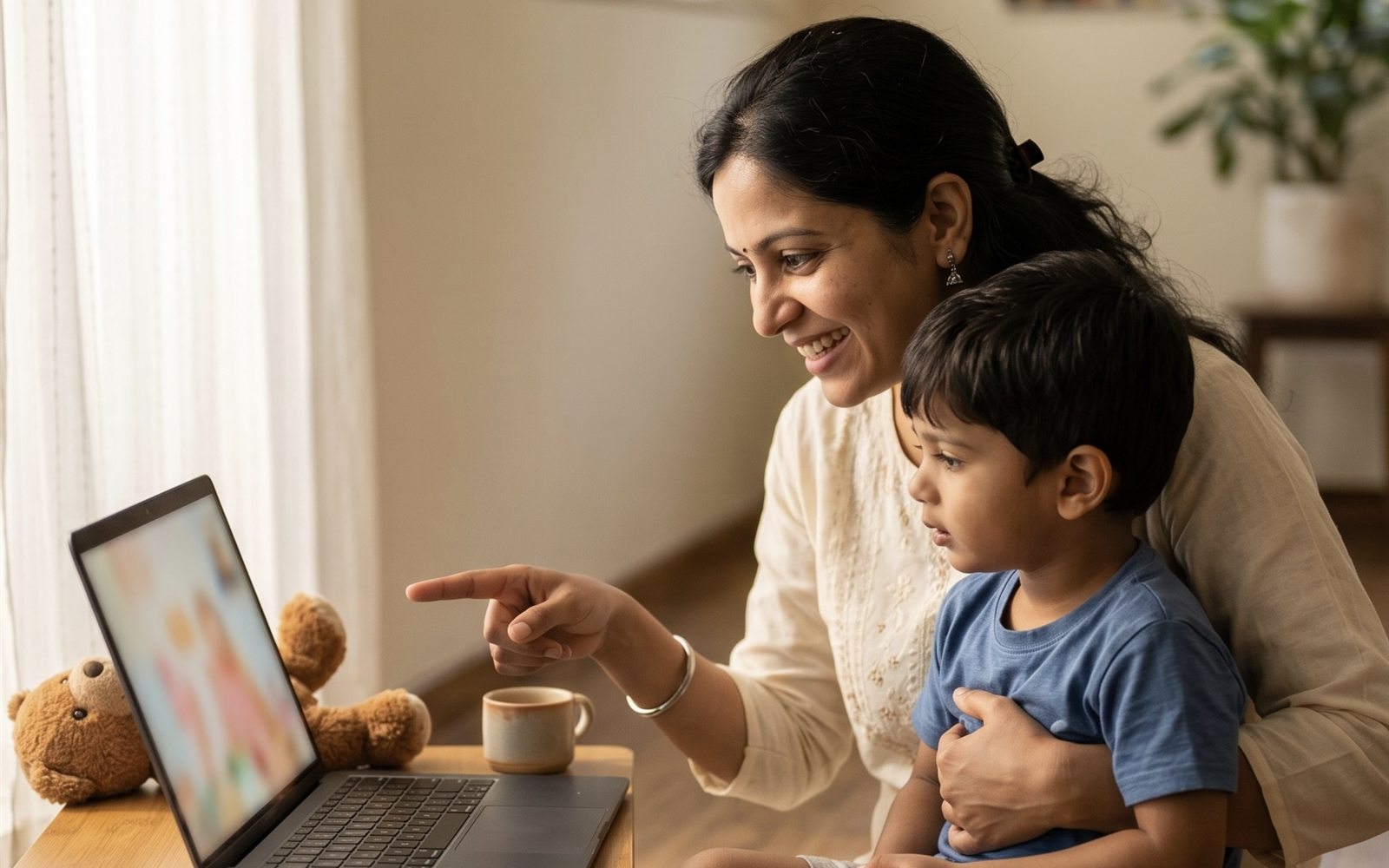 An Indian mother and her young son attending an online therapy session at home with ArambH Autism Centre